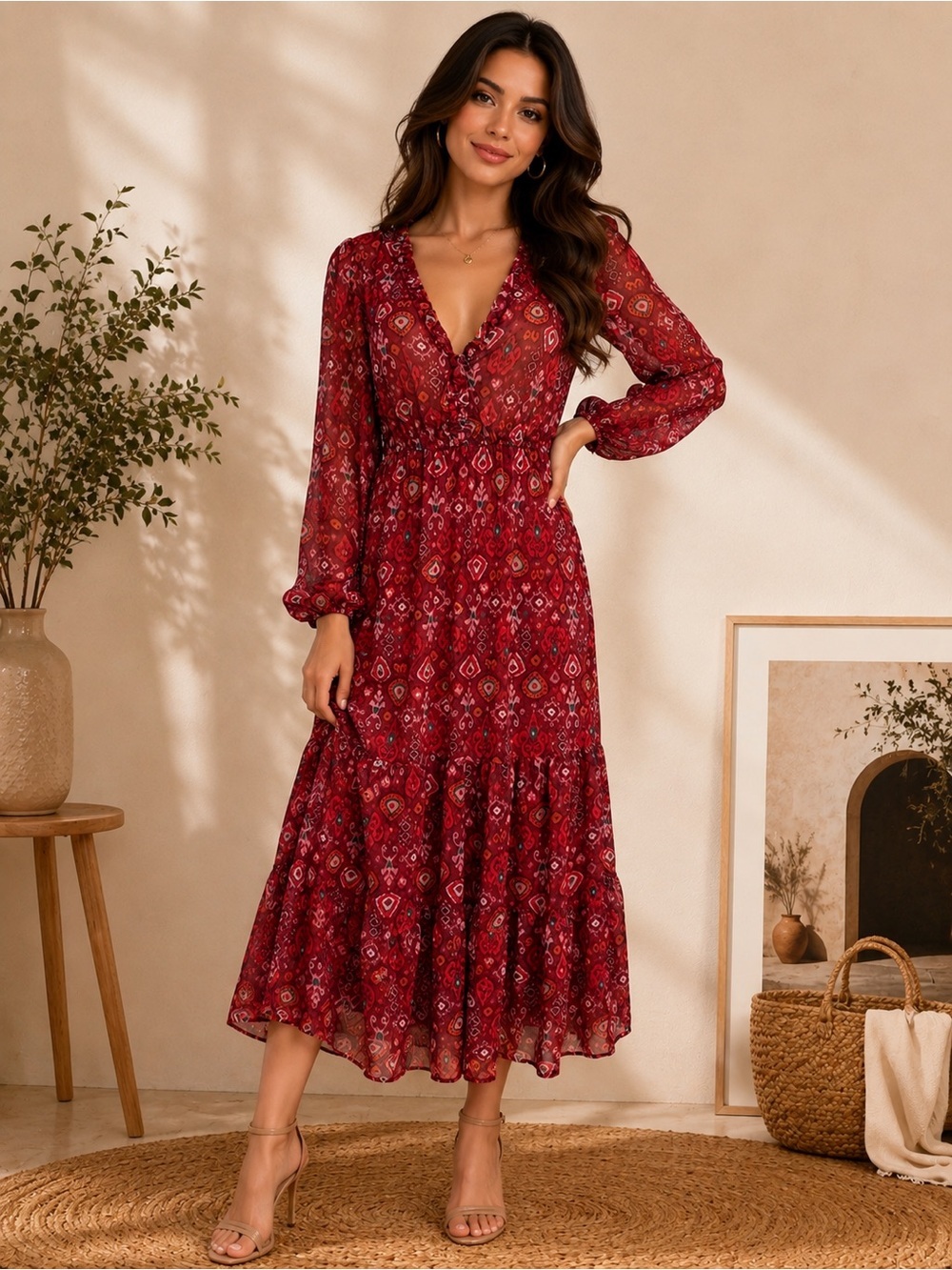 Zara Red Printed V-Neck Maxi Dress